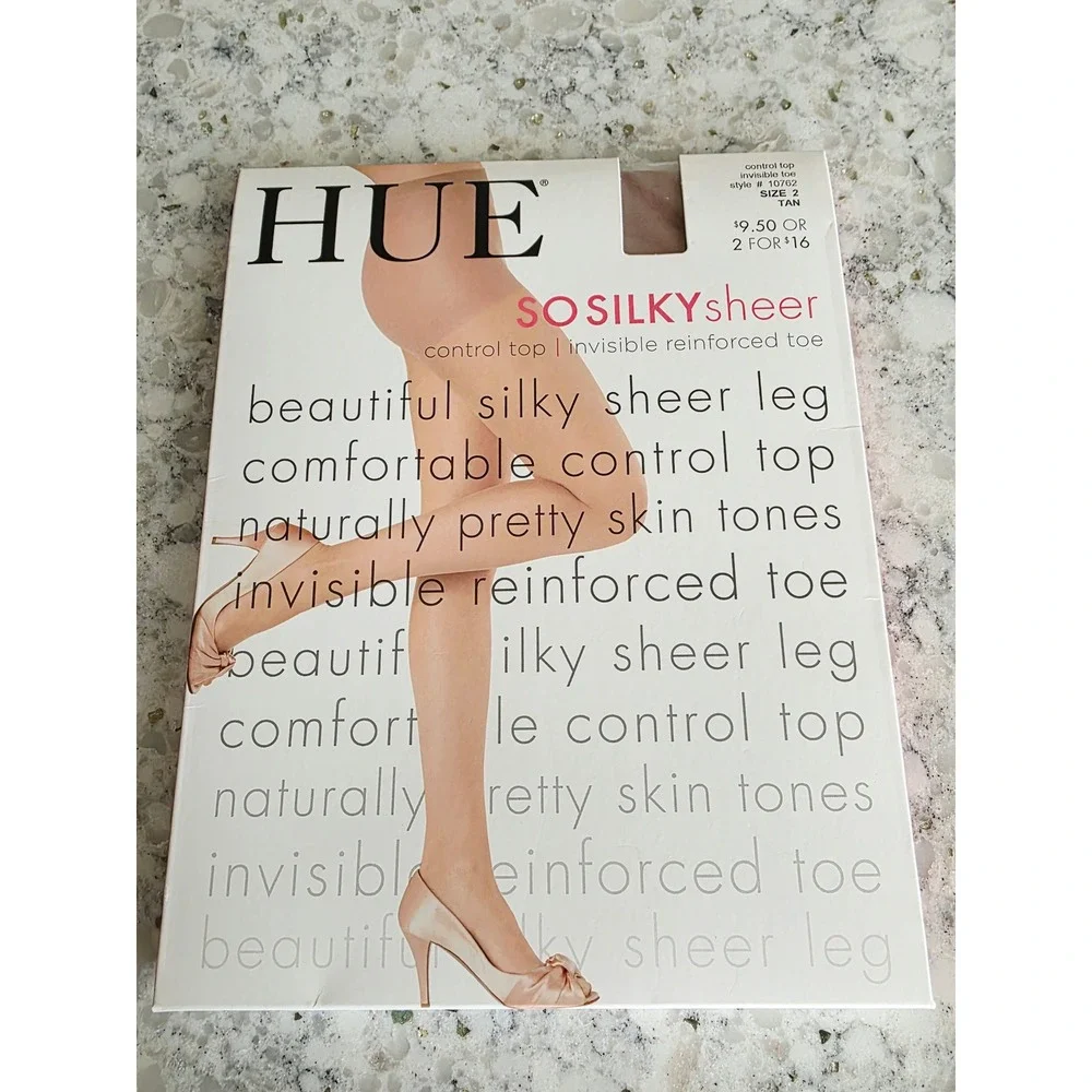 Vintage HUE 2 So Silky Sheer Control Top Tights Tan Reinforced Toe 10762 NOS